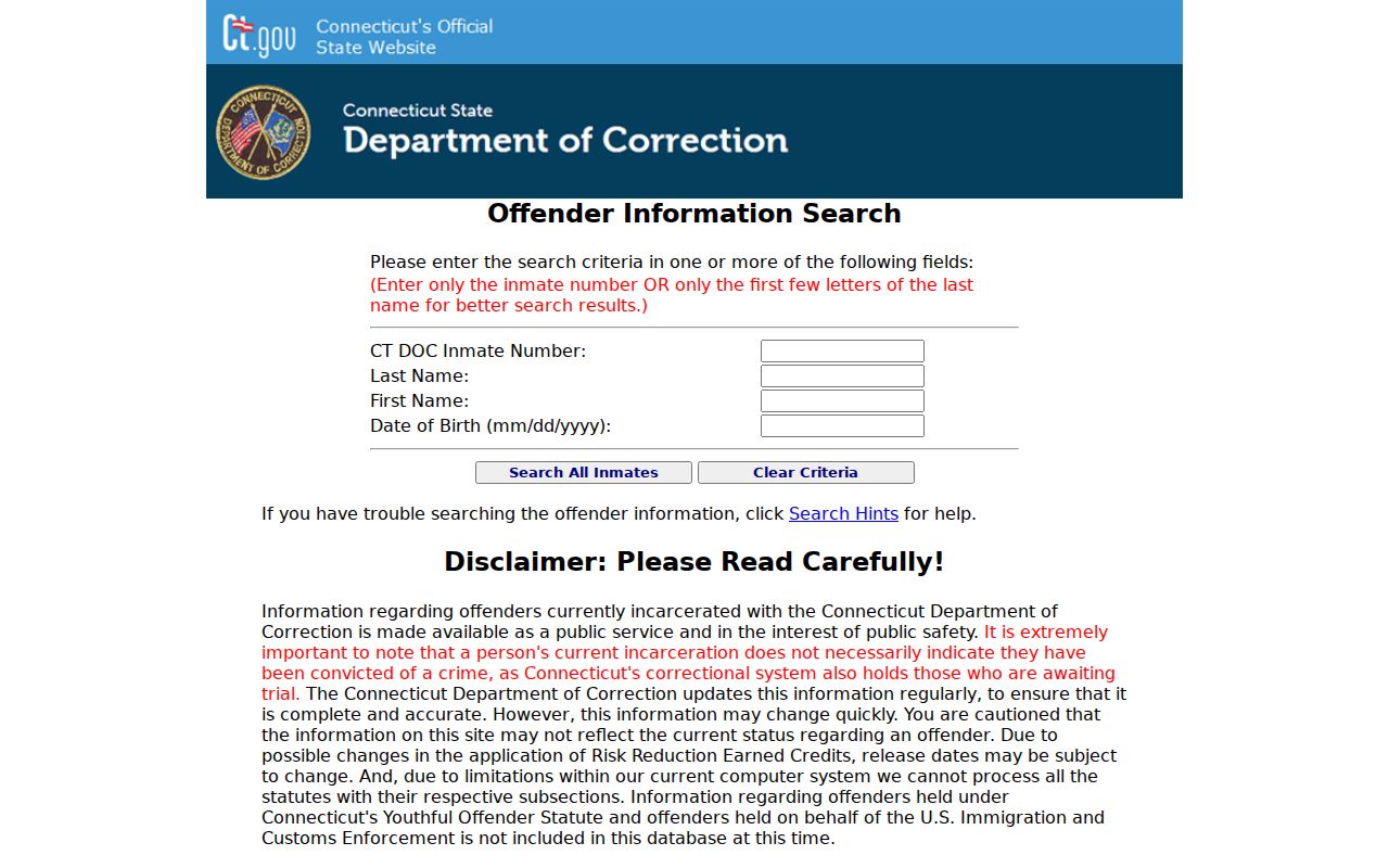 East Hartford arrest records CT DOC inmate search form