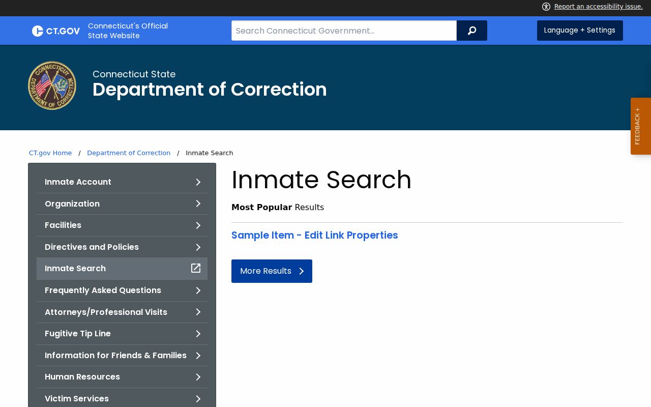 East Hartford arrest history CT DOC inmate search landing page