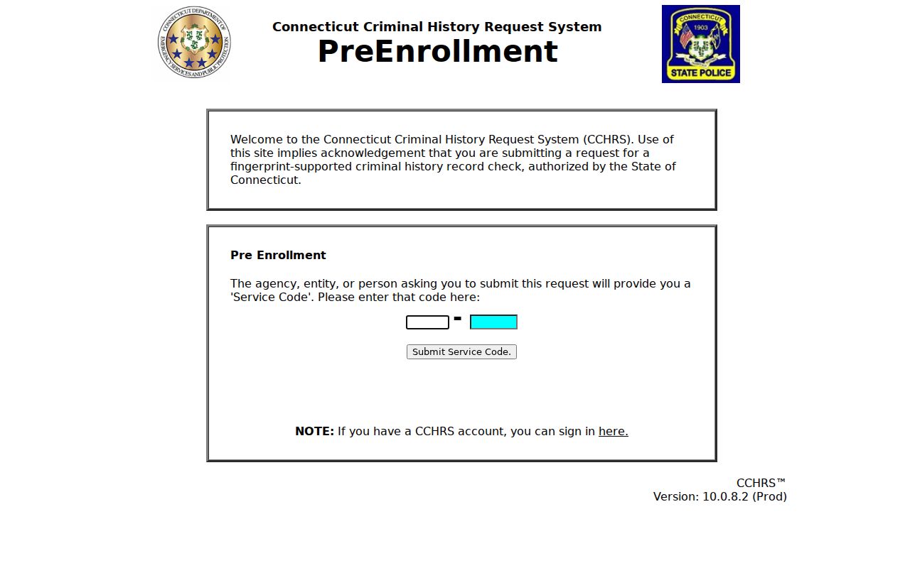 East Hartford criminal history CCHRS pre-enrollment portal